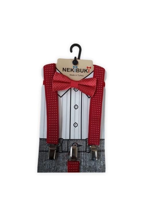 Pantolon Askısı Ve Papyon Takım Kırmızı Tek Ebat