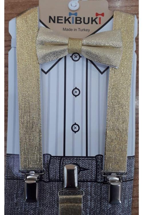 Gold Sarı Simli Pantolon Askısı Ve Papyon Takım Altın Tek Ebat
