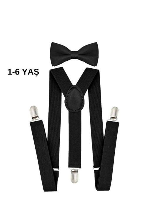 Erkek Çocuk Siyah Pantolon Askısı Ve Papyon Takım 1-9Yaş Siyah Tek Ebat