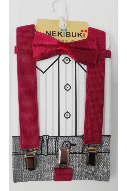 Bordo Kırmızı Çocuk Askı Papyon Takımı 2-9 Yaş Bordo Tek Ebat