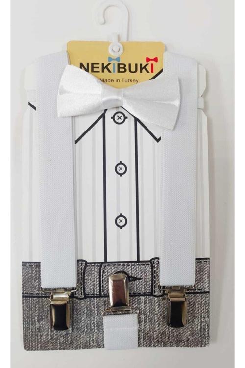 Çocuk Askı Papyon Takımı Beyaz Tek Ebat