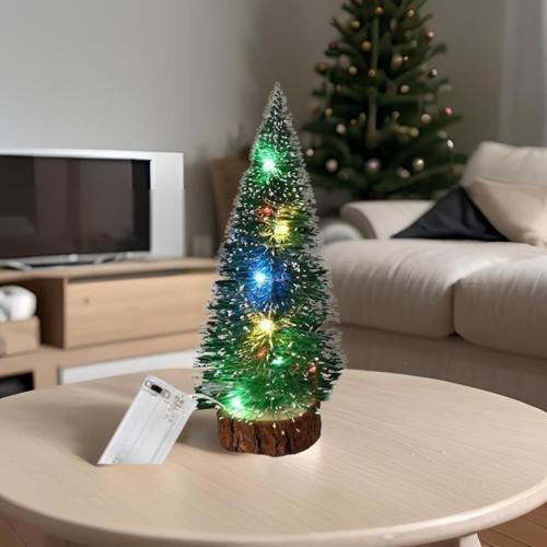 RGB Peri LED Işık ve Yılbaşı Mini Masa Ağacı Seti, 40cm Kütük Yapay Noel Çam Ağacı