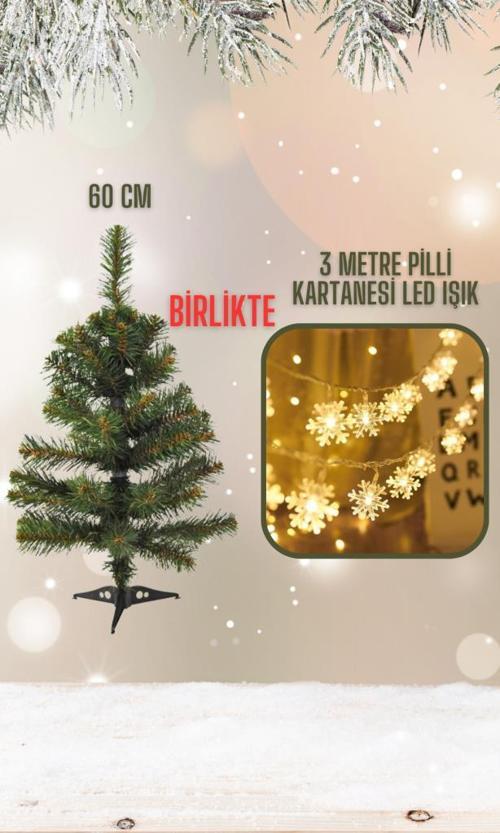 Hazır Set 60 cm Minik Çam Ağacı ve 3 Metre Pilli Işık, Masa Ağacı Dekoratif Yılbaşı Süsü 