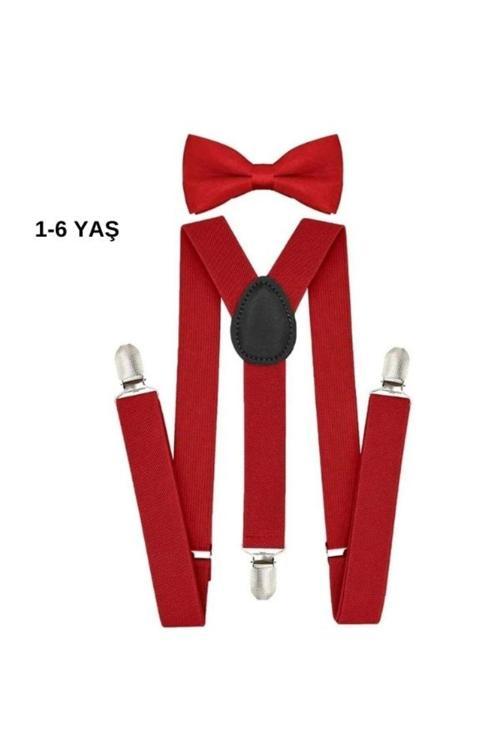 Erkek Çocuk Kırmızı Pantolon Askısı Ve Papyon Takım 1-6 Yaş Kırmızı Tek Ebat