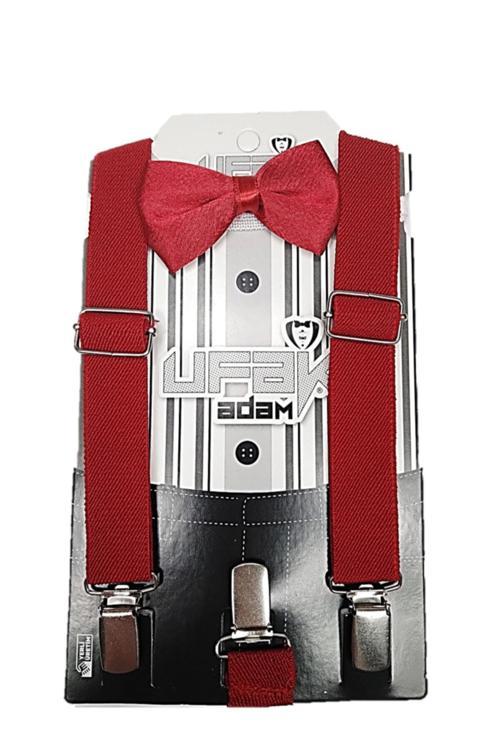 Erkek Bebek / Çocuk Pantolon Askısı Ve Papyon Seti Bordo Tek Ebat