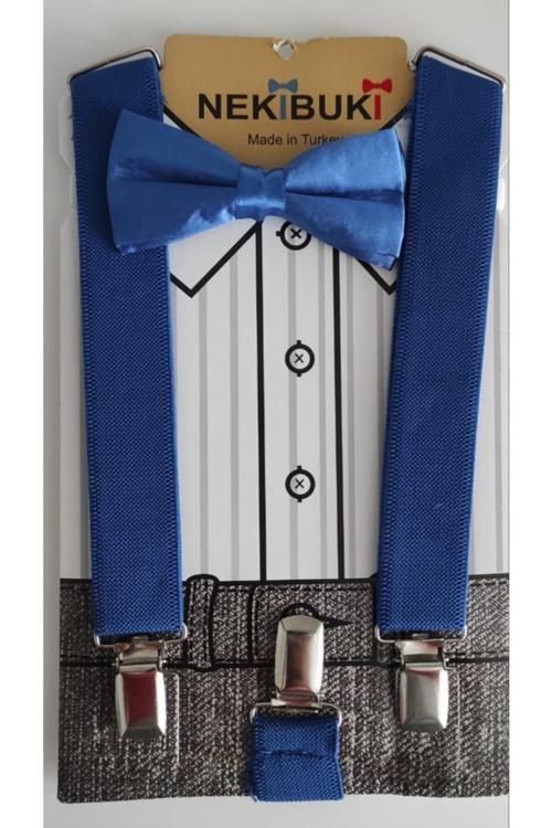 Erkek Çocuk Pantolon Askısı Ve Papyon Takımı Mavi Tek Ebat
