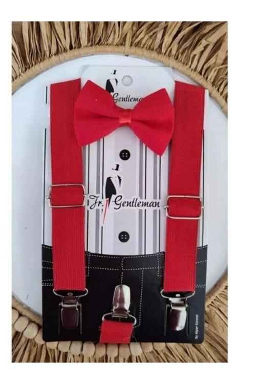 Erkek Çocuk 1-5 Yaş Kırmızı Pantolon Askısı Ve Papyon Takımı Kırmızı Tek Ebat