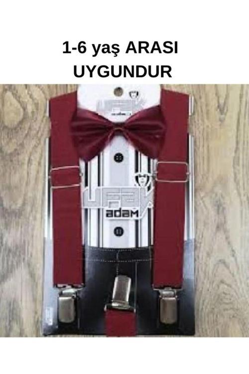 Erkek Çoçuk Bordo Düz Pantolon Askısı Ve Papyon Seti 1-9 Bordo Tek Ebat
