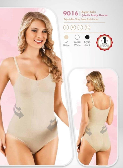 9016 Ayar Askılı Çıtçıtlı Body Korse - M, Beyaz Beyaz S