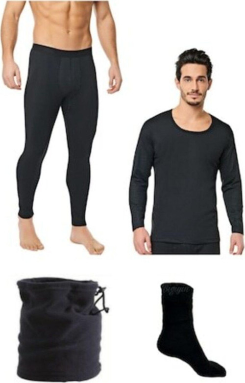 Erkek Termal Alt Üst Takım Polar Boyunluk Bere Ve Termal Çorap Set Siyah 2Xl