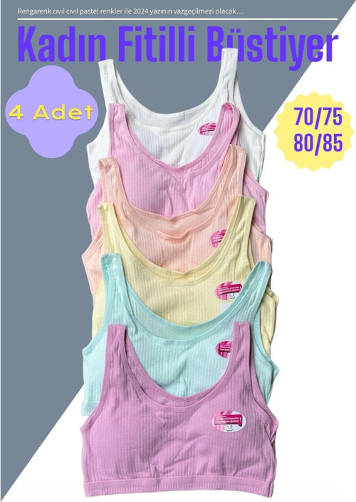 4'Lü Kadın Kalın Askı Fitilli Pedli Büstiyer Alıştırma Sütyen Yarım Atlet Pastel 15-16 Yaş