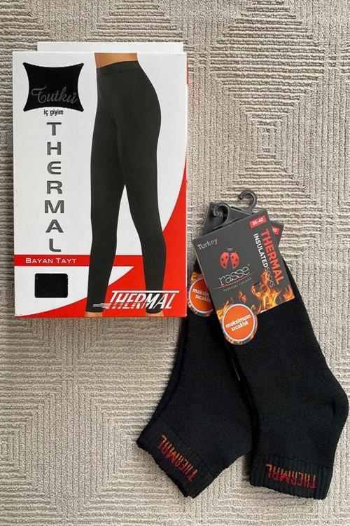 Kadın Termal Tayt 2 Adet Termal Çorap Hediyeli Siyah 2Xl