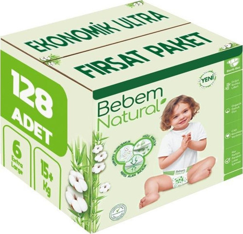 Bebem Bebek Bezi Natural Beden:6 (15+Kg) Extra Large 128 Adet Ekonomik Ultra Fırsat Pk