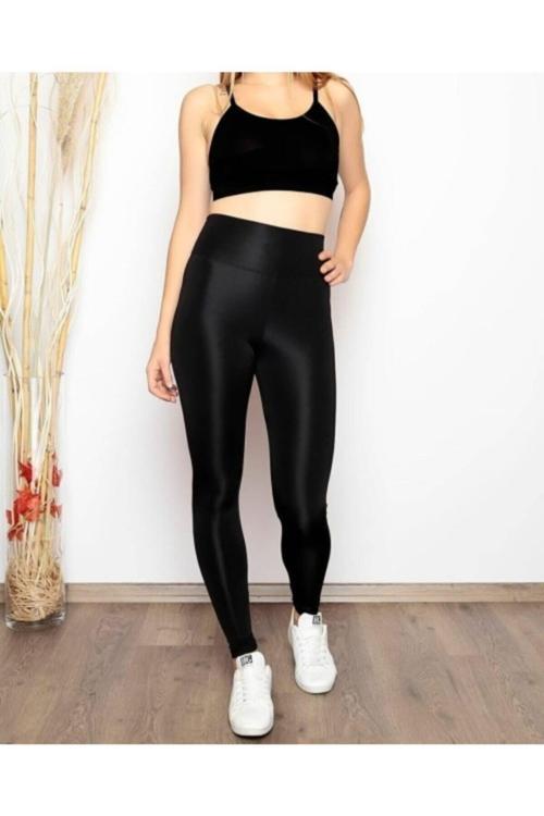 Kadın Siyah Uzun Kemerli Toparlayıcı Parlak Disko Tayt Siyah S