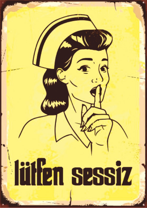 Lütfen Sessiz Yazılı Hemşire Figürlü Ahşap Retro Uyarı Posteri