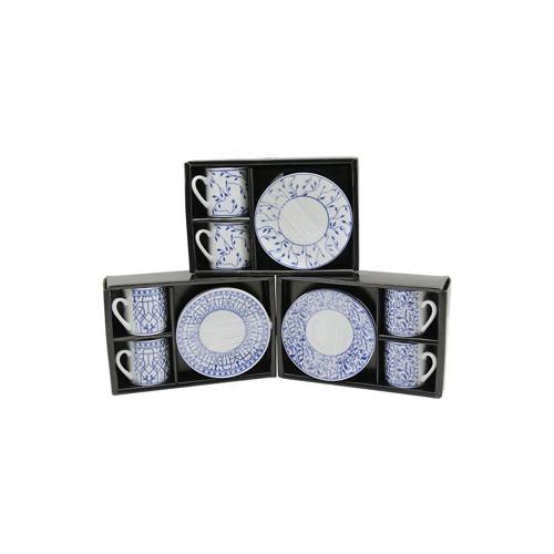 MAVİ - BEYAZ 4PCS=2-TAKIM PORSELEN KAHVE FİNCANI ÇİÇEK - ÇİZGİ - NOKTA MİX DESEN (5365)