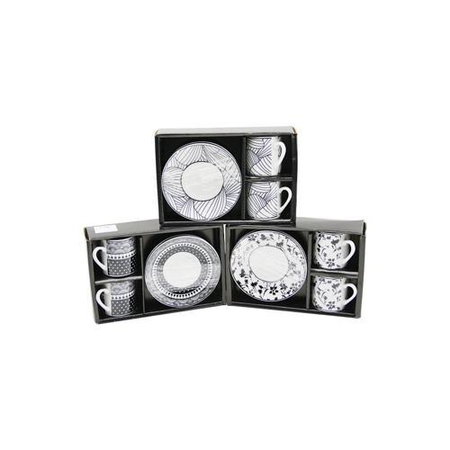 SİYAH - BEYAZ 4PCS=2-TAKIM PORSELEN KAHVE FİNCANI ÇİÇEK - ÇİZGİ - NOKTA MİX DESEN (5365)