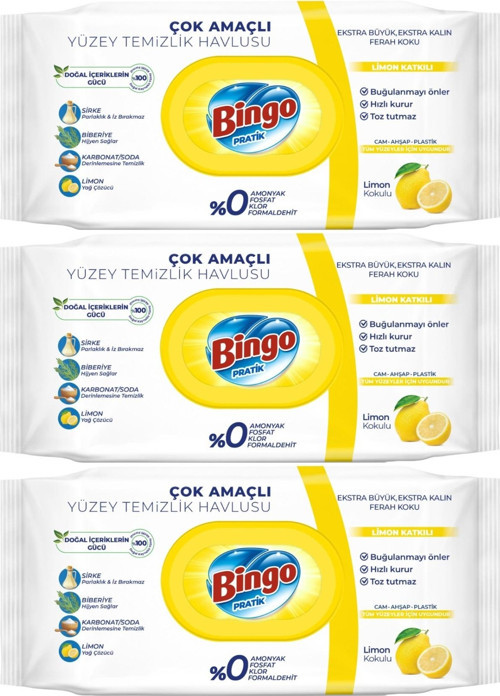 Clean Yüzey Temizlik Havlusu 96 Yaprak Limon Kokulu Plastik Kapaklı (3 Lü Set) 288 Yaprak