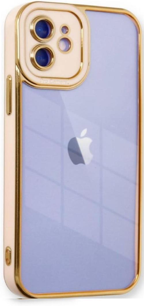 Lüks iPhone 12 Kılıf, Kamera Lens Korumalı, Altın Renkli Kenar ve Şeffaf Silikon Arka, Pembe Detaylı