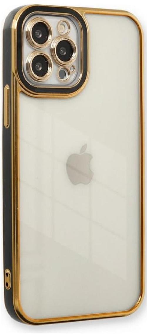 Lüks iPhone 12 Koruyucu Kılıf, Şeffaf Silikon, Altın Renkli Çerçeve, Lazer İşlemeli, Darbe Korumalı