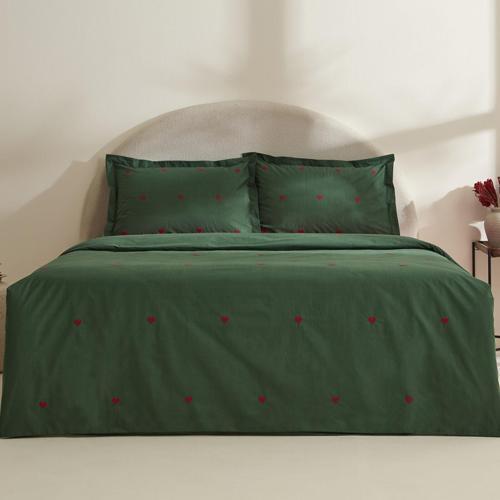 Amour Mio %100 Pamuk Çift Kişilik Nakışlı Nevresim Takımı Koyu Yeşil