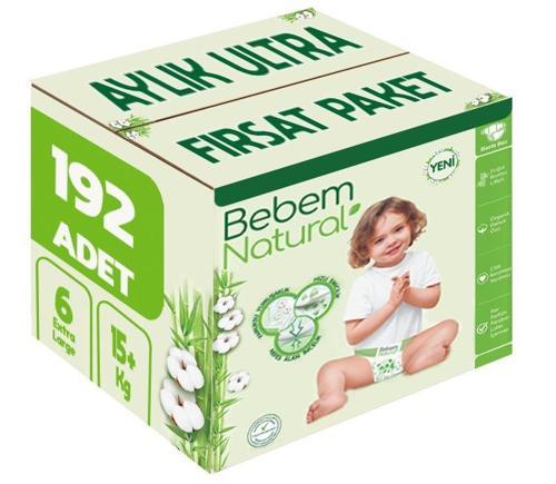 Bebem Bebek Bezi Natural Beden:6 (15+Kg) Extra Large 192 Adet Aylık Ultra Fırsat Pk