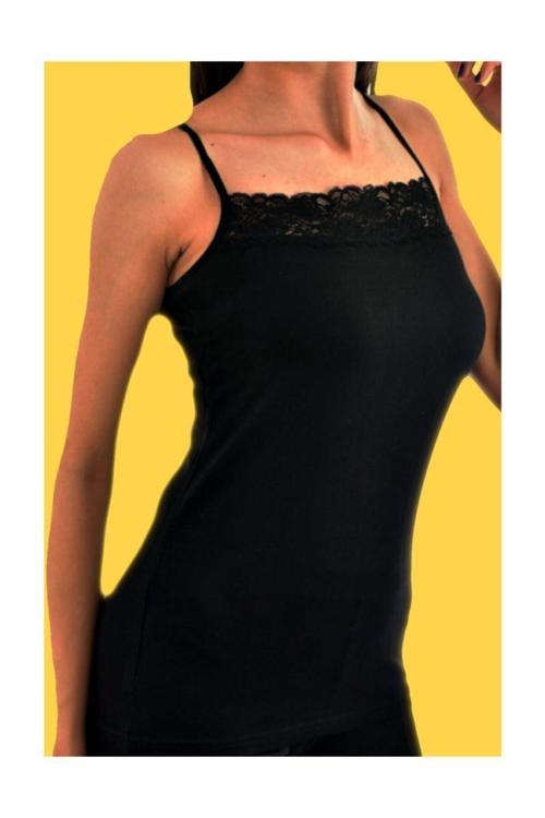 Kadın Dantelli Ip Askılı 6 Lı Paket Elastan Pamuklu Atlet Siyah S-M