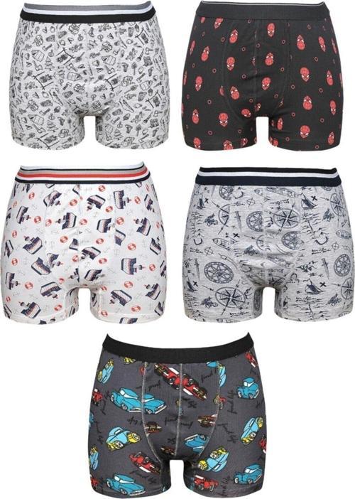 Erkek Çocuk Kahverengi Pamuklu Likralı 5'Li Paket Boxer Çok Renkli 3-4 Yaş