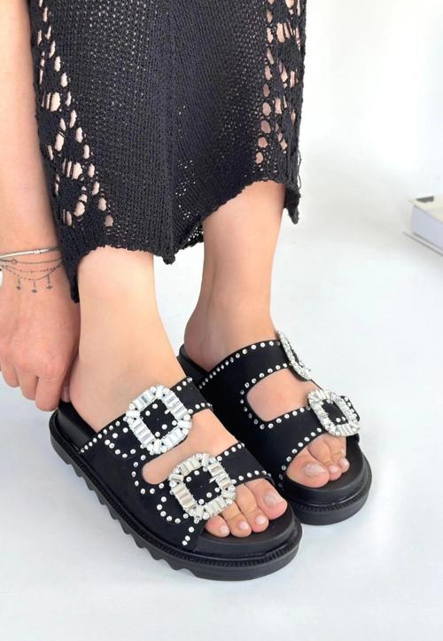 Juana Siyah Nubuk Taşlı Terlik