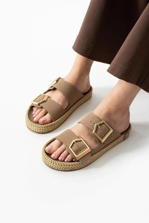 Loera Vizon Nubuk Çift Tokalı Terlik