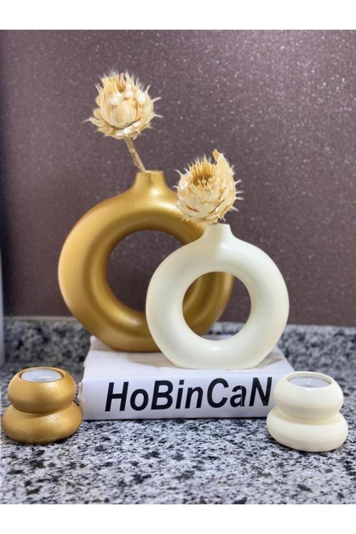 Gold Halka Bohem Vazo Mumluk Seti 2'Li Dekoratif Donut Obje