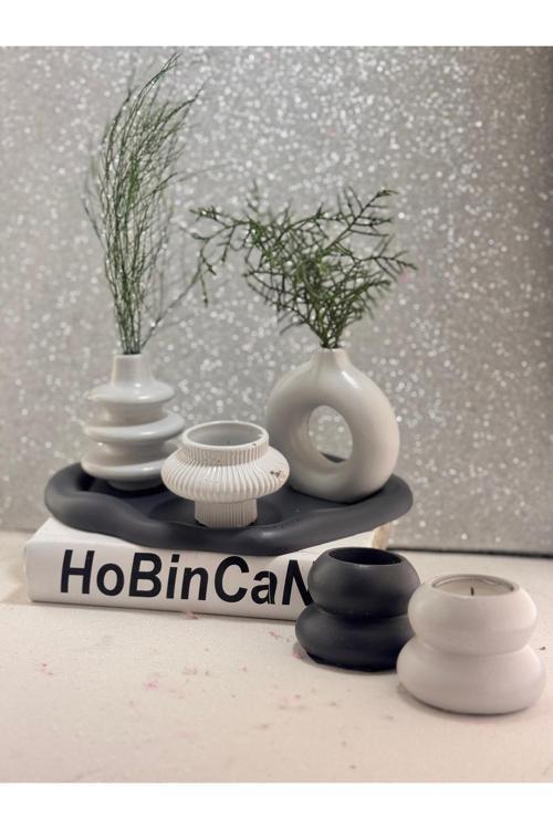 2'Li Minimal Vazo Sarılmış Sevgili 2 'Li Tealight Mumluk Sunumluk Bulut Tabak Ozel Set