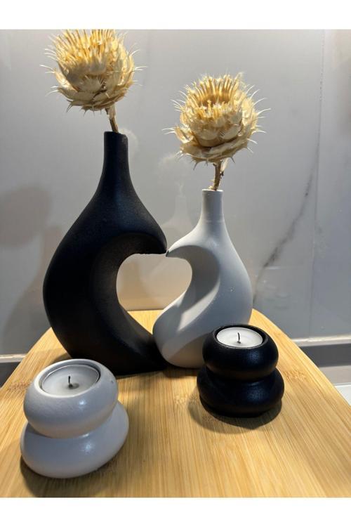 Kalpli Sarılan Sevgili Vazo Ve Mumluk, Siyah-Gri Renkli, Şık Ve Zarif Tasarım