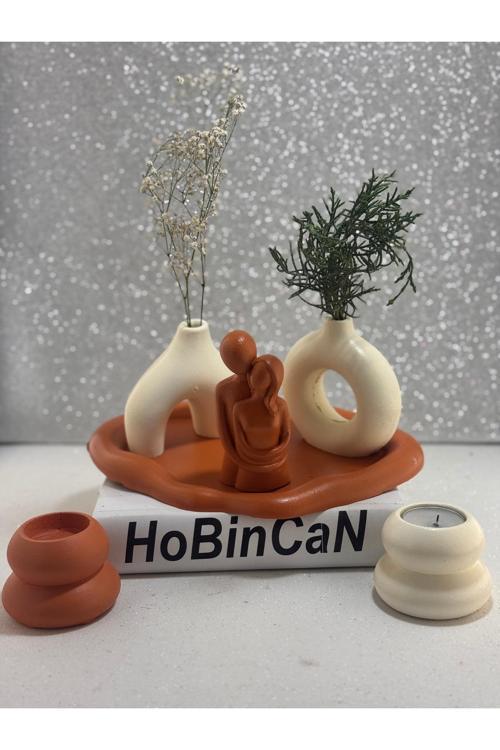 2'Li Minimal Vazo Sarılmış Sevgili 2 'Li Tealight Mumluk Sunumluk Bulut Tabak Ozel Set Kiremit-Krem