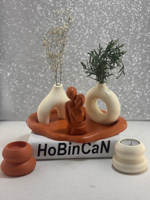 2'Li Minimal Vazo Sarılmış Sevgili 2 'Li Tealight Mumluk Sunumluk Bulut Tabak Ozel Set Kiremit-Krem