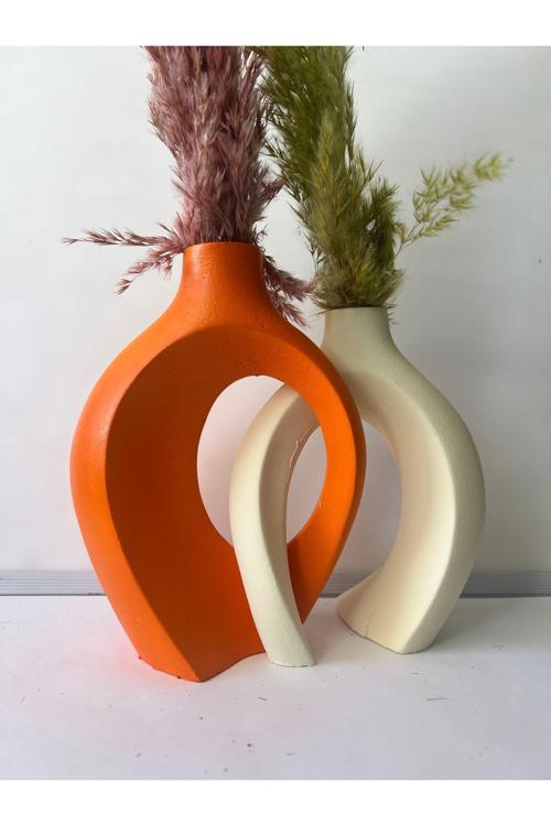 Kiremit Krem Sevgili Vazo 2’Li Set, 22X16&17X14