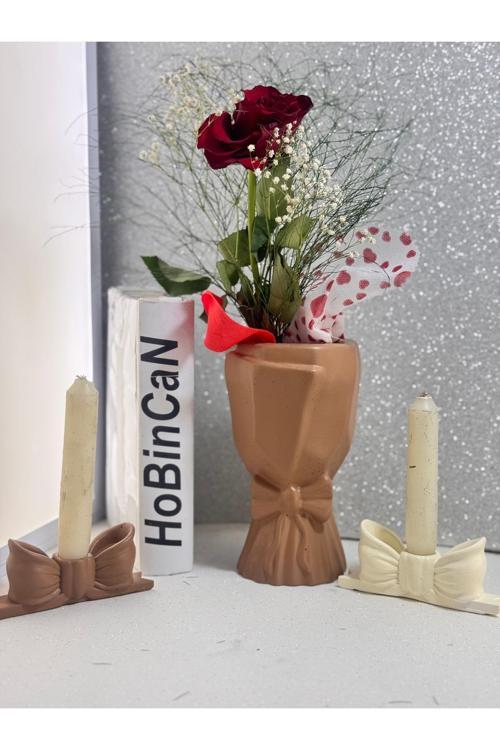 Iskandinav Büyük Buket Vazo Biblo Çiçeklik Dekoratif Fiyonklu 2 Li Mumluk Vazo 20X10X10Cm Bohem