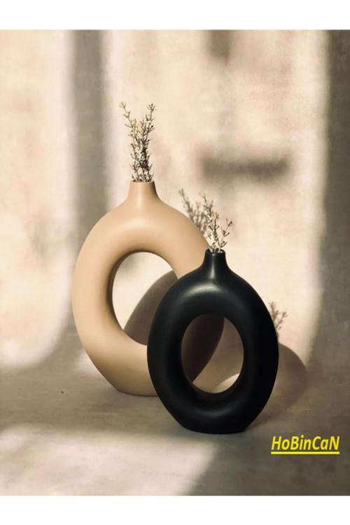 Hobincan - Bej Halka Vazo 2’Li 19X17-15X14’Cm