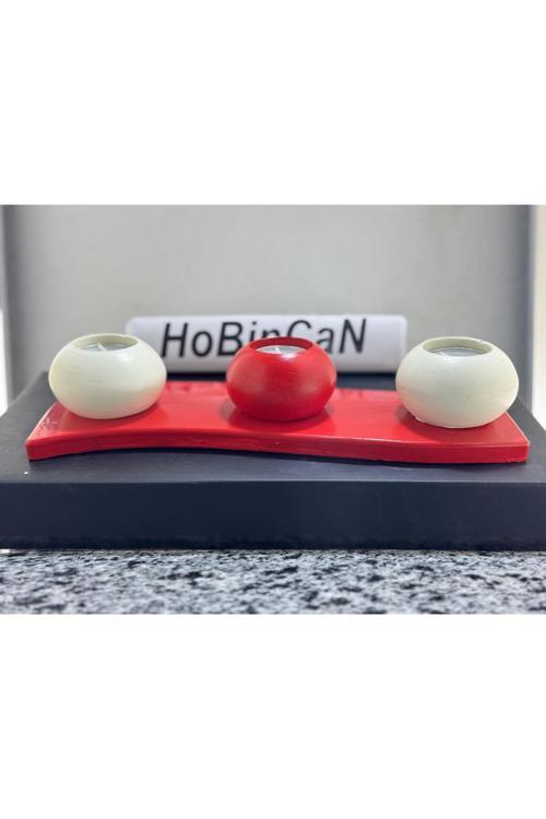 4 Parça Kırmızı Tabaklı Kırmızı & Kırem  Beton Mumluk