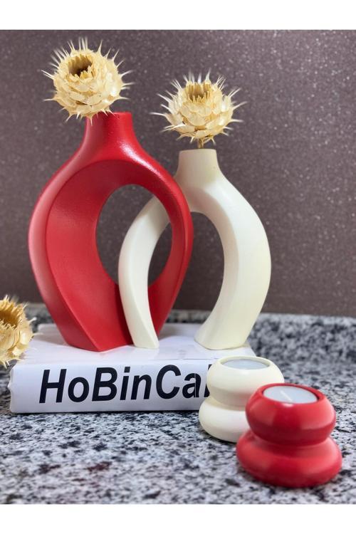 Kırmızı Krem Sevgili Vazo 2’Li Set