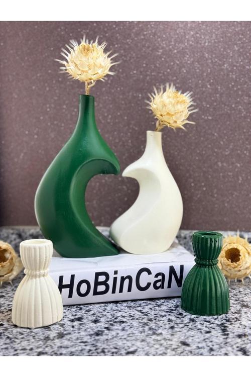 Kalpli Sarılan Sevgili Vazo Ve  Mumluk Yesil-Krem