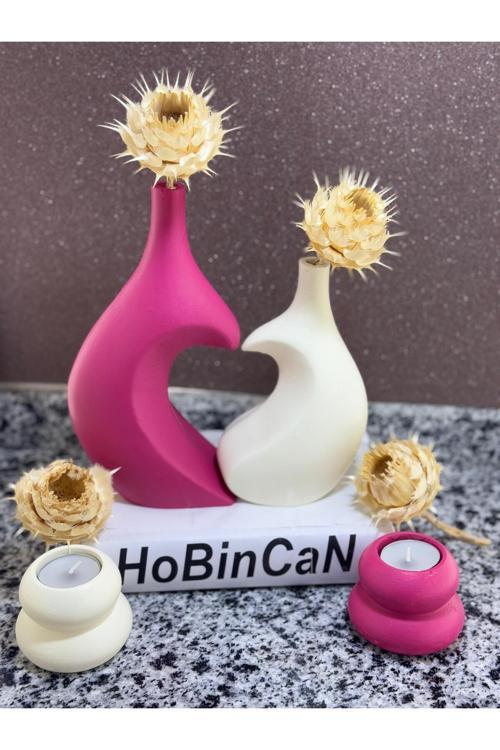 Kalpli Sarılan Sevgili Vazo Fusya-Krem