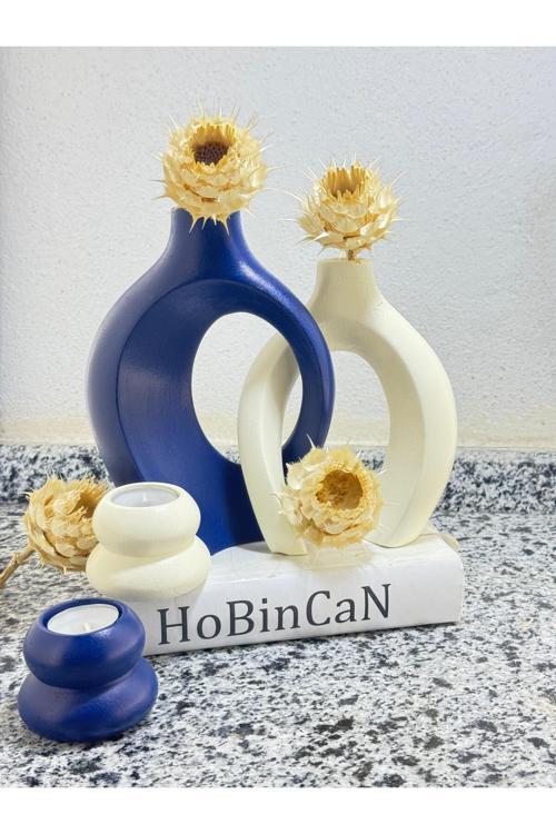 Lacivert Sarmaşik Sevgili Vazo Mumluk Seti Lacivert-Krem