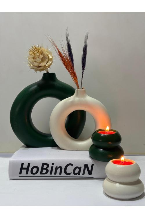 Yeşil Halka Bohem Vazo Mumluk Seti 2'Li Dekoratif Donut Obje