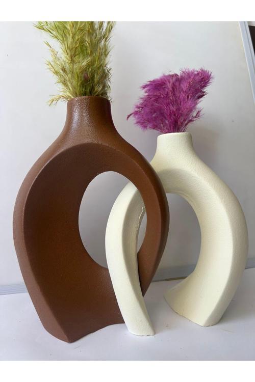 Sütlü Kahve Krem Dekoratif Sevgili Vazo 2’Li Set