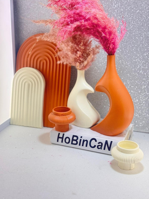 Kalpli Vazo 2'Li Fiji Tealight Mumluk Büyük-Küçük Gökkusağı Sunumluk Tabak 6 Parça Lüx Özel Set