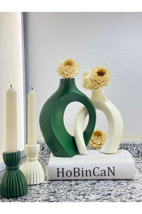 Yeşil Sarmaşık Sevgili Vazo Şamdan Mumluk Seti