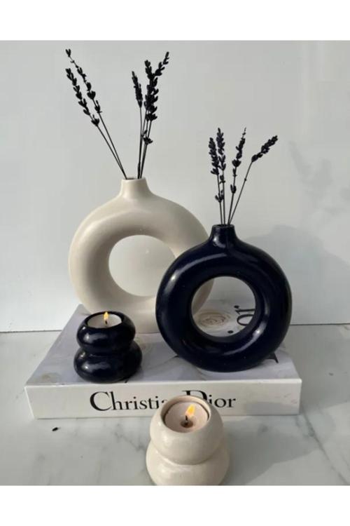 Sibel/Ela Tasarım 2’Li Halka Vazo 2’Li Mumluk Set 20X19&15X14