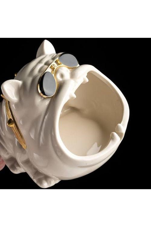 Bulldog Figürlü Beyaz Dekoratif Kültablası Biblo Masaüstü Ev Ofis Küllük Organizer