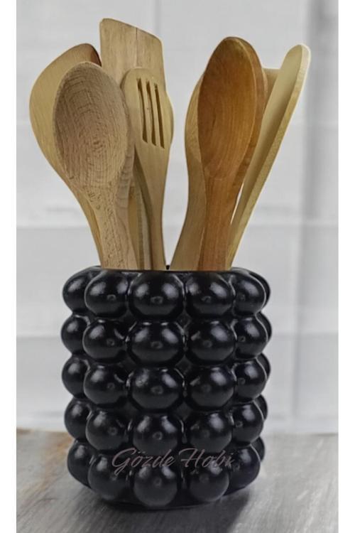 Gözdehobi Tezgah Üstü Dik Tahta Kaşıklık Kepçelik Mutfak Organizeri Dekoratif Siyah Parlak Vazo